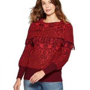 Sz M Knox Rose Burgundy Red & Orange Tassels Off the Shoulder Sweater